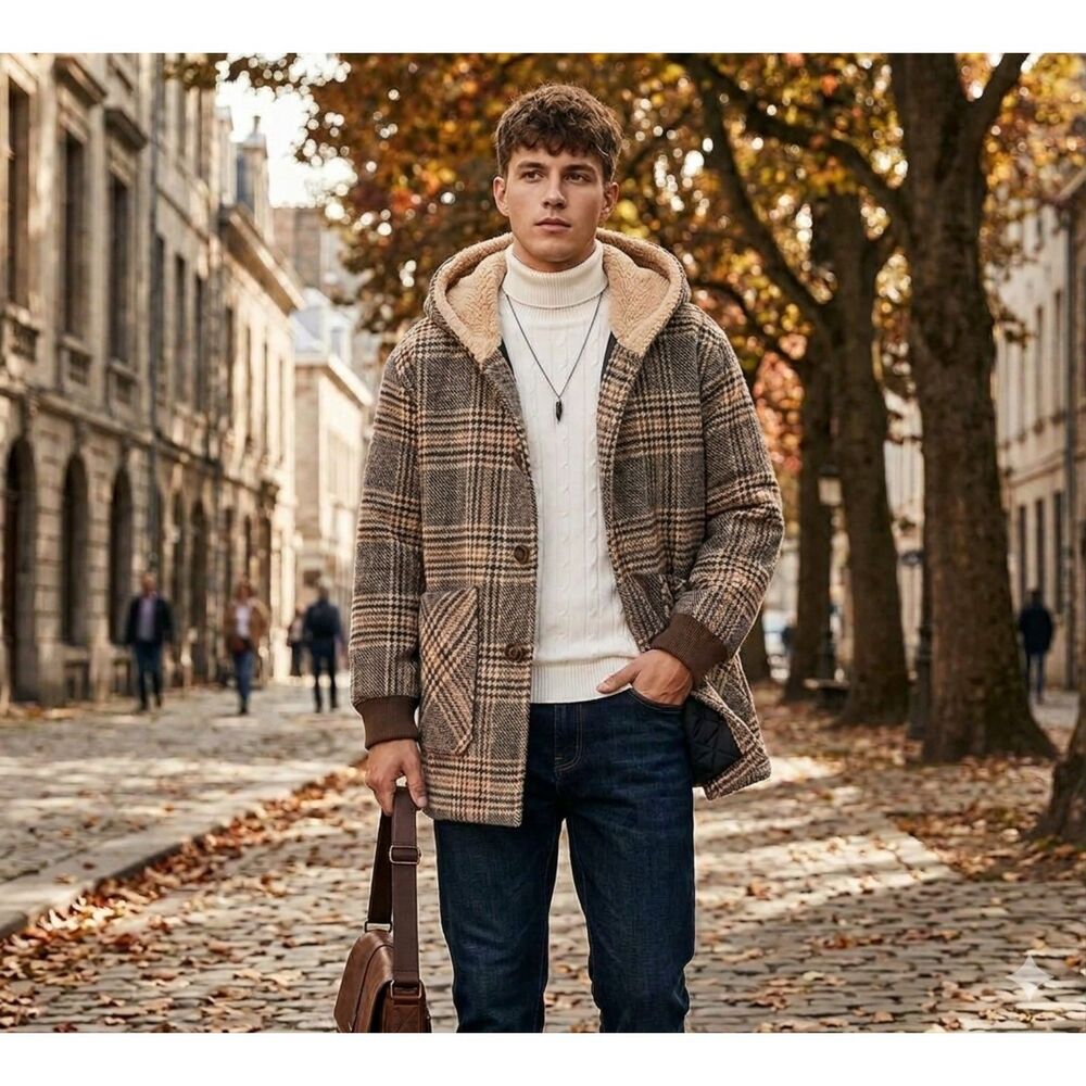 Boys Vintage Plaid Hooded Overcoat –Cozy Sherpa Teddy-Lined Winter Jacket 13/14Y